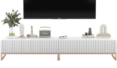 Zdjęcie produktu dla Szafka RTV Glamour Uniwersalna Komoda RTV Stolik Biały Mat 220 cm Zestaw Ramy metalowe