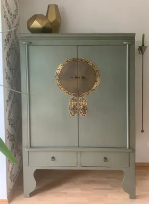 Obrázok produktu pre Opium Outlet Nábytková skrinka komoda príborník svadobná skrinka Ázijská orientálna čínska vintage z dreva olivovozelená