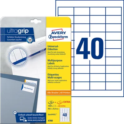Image de Avery Zweckform 4780 Étiquettes universelles, 48,5 x 25,4 mm, 25 feuilles/1 000 étiquettes, blanc