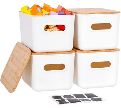 Produktbild von 4 Aufbewahrungsboxen mit Bambusdeckel, stapelbare kleine Aufbewahrungsboxen aus Kunststoff mit Griffen für Küche und Schlafzimmer, 26 x 17,8 cm