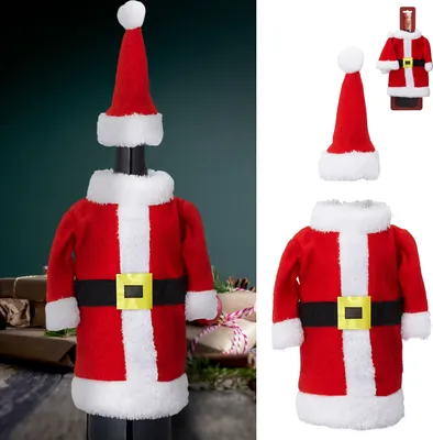 Productafbeelding van Kerstkostuum voor flessen, Sint Nicolaas, 18x32x1 cm, polyestervilt, pluche, rood en wit. Kerstkostuum voor drankflessen, inclusief muts en jas