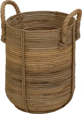 Produktbild von KRINES HOME Retro-Design Dekokorb / Handtuch-Korb Bad / Tragekorb für Spielzeug / Aufbewahrungskorb mit Seil-Griffen / Flechtkorb aus Natur Rattan Grau / Holzkorb, Korb Box Henkel Aufbewahrung (Klein)