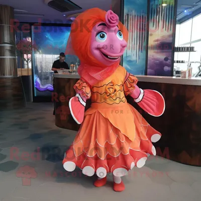 Productafbeelding van Pink Clown Fish mascotte REDBROKOLY kostuum karakter gekleed met een cocktailjurk en sjaals