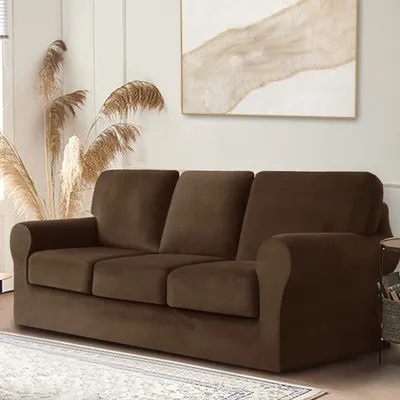 Produktbild von Samt-Stretch-Sofabezug mit separatem Rückenlehnenbezug und Sitzkissenbezug, Anti-Rutsch-Sessel-Sofa-Überzug mit Gummiband für Wohnzimmer (3-sitzer, Dunkelbraun)