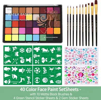 Image de 40 Coffret de maquillage aquarelle, Couleurs vives non toxiques, Coffret de peinture avec 10 pinceaux, 4 autocollants pochoirs et 2 autocollants pierres précieuses (1)