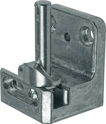 A metal hinge part on a light gray background.