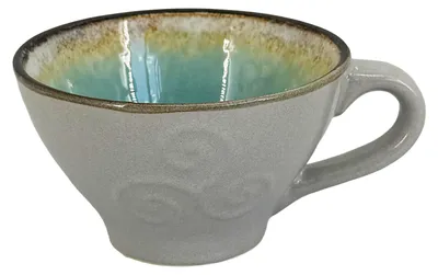 Produktbild von Keramiktasse River, 200 ml – grau mit türkisem Innenraum und Reliefmuster, Marke: Clay
