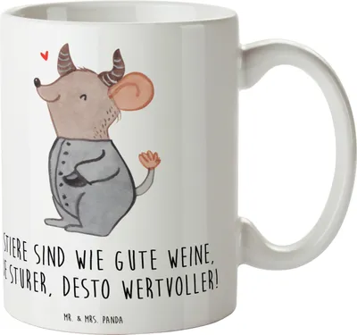 Produktbild von Mr. & Mrs. Panda Tasse Sturer Stier - Weiß - Geschenk, Kaffeebecher, Horoskop, Tierkreiszeichen, haferl, Becher, Humor, Weinmetapher, Geschenke Sternzeichen, Astrologie