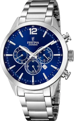 A close-up studio shot of a silver and blue Festina Chrono watch.