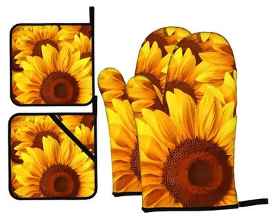 Produktbild von Ofenhandschuhe und Topflappen mit gelben Sonnenblumen, Set mit 4 rutschfesten Grillhandschuhen, hitzebeständig für Küche, Kochen, Backen, Grillen