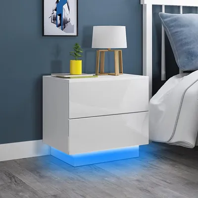 Produktbild von Iropro Nachttisch Couchtisch Nachtschrank Kommode LED Beleuchtung Hochglanz Weiß in Front mit 2 Schubladen 55x37x50cm