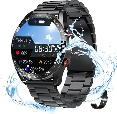 Smartwatch Herren, 1,28" Touchscreen, IP67 wasserdicht, Bluetooth Anrufe, Schlaf- & Fitness-Tracker, Edelstahl- & Silikonarmband, 200mAh Akku, Schwarz