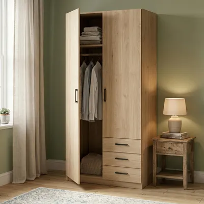 Image de Sultani - Armoire 2 Portes, 99x200h cm Chêne Marron, 4 Étagères