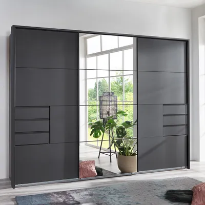 Produktbild von Schwebetürenschrank 3-türig 270cm, inkl. Passepartoutrahmen, graphit mit Spiegelfront, STRATFORD-43