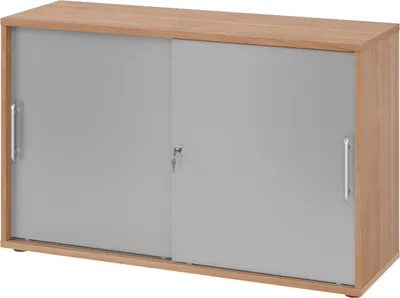 Produktbild von bümö Schiebetürenschrank office - 2 Ordnerhöhen - Griff: Relinggriff (Kunststoff), Nachbildung: Nussbaum/Silber