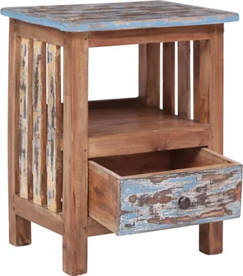 A wooden nightstand with a drawer and a shelf, against a white background.
