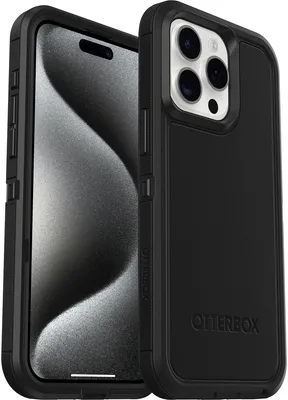 A black OtterBox Defender XT iPhone 15 Pro Max case is shown from a diagonal angle, with the phone partially visible inside.