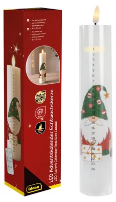 Image de Bougie de l'Avent LED Idena, cire véritable, lumière scintillante, diamètre 5 cm, hauteur 27 cm, minuteur 6 heures, télécommande