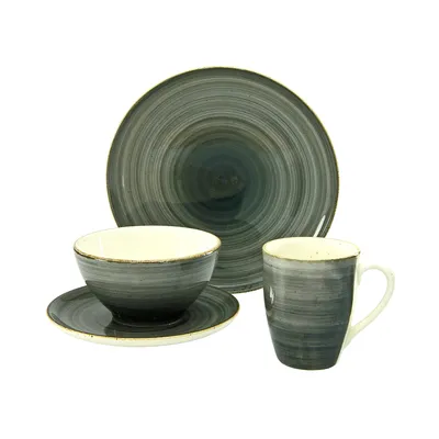 A set of stoneware dishes including a plate, bowl, saucer, and mug, arranged on a white background.