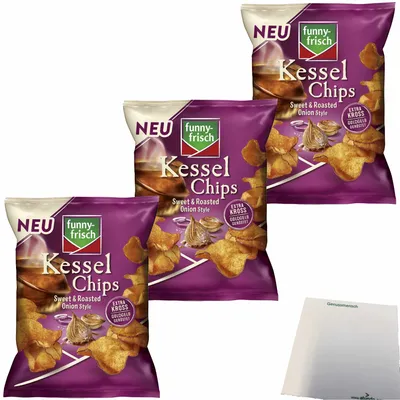 Produktbild von funny-frisch Kessel Chips Sweet & Roasted Onion Style 3er Pack (3x120g Packung) + usy Block