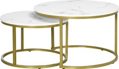 Produktbild von Beistelltisch-Set, 2 Satztische, Ø74 & Ø59 cm, Marmoroptik, Rahmen in Gold