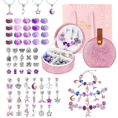 Produktbild von Charm Perlen Armband Bastelset mit Schmuckbox, Lila, 66 Teile