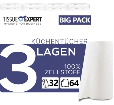 Produktbild von Küchentücher, 32 Rollen á 64 Blatt, 3-lagige Küchenrollen, 100% Zellstoff