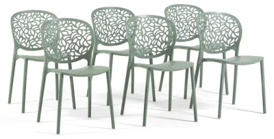 Image de Lot de 6 chaises empilables pour l'intérieur et l'extérieur en polypropylène renforcé de fibre de verre, dossier à motif de feuilles, pour jardin, terrasse, bar, restaurant - Licia Vert
