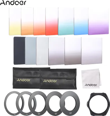 A collection of camera filters and accessories laid out on a white background.