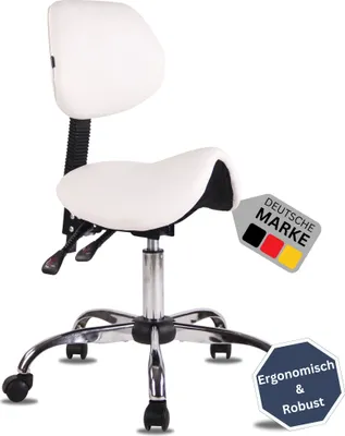 Produktbild von DELUKE® Sattelhocker mit Lehne KOLLI | Höhenverstellbar, Drehbar | Kunstleder pflegeleicht | Rollhocker Arbeitshocker Praxishocker Arzthocker Bürohocker Drehhocker | Weiß