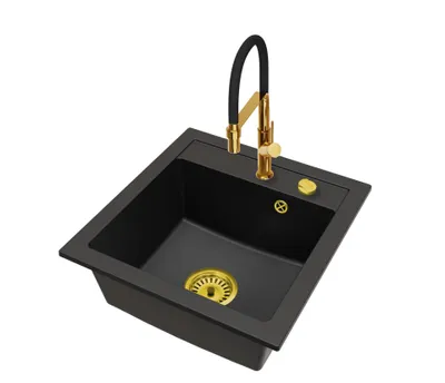 Produktbild von Küchenspüle aus Granit mit Venice Armatur Gold, Siphon Gold und automatischem Ablaufventil