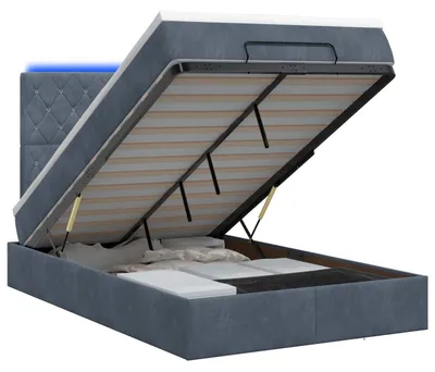Image de Banc coffre avec matelas et éclairage LED, gris foncé, 120 x 200 cm, revêtement en velours