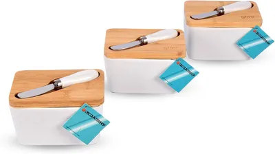 Productafbeelding van Botervak 3-delig, keramiek met bamboe deksel, 14x9,5x8,5 cm, luchtdicht, voor in de keuken
