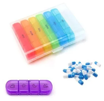 Immagine prodotto di Contenitore per farmaci, 7 giorni, 4 scomparti, colorato, portatile, per viaggi, dosatore per pillole, in PP