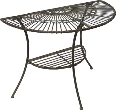 A half-round metal table with a shelf underneath, shown against a white background.