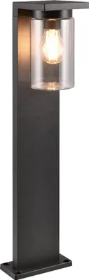 A black outdoor lamp with a clear glass shade and a visible light bulb.