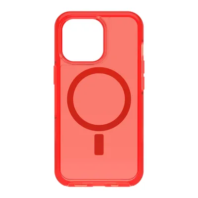 A red smartphone case with a circular magnetic ring and a small rectangular indicator is shown against a white background.