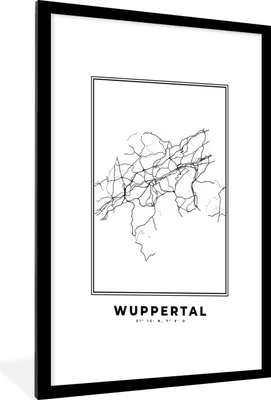 Produktbild von MuchoWow® Gerahmtes Poster Schwarz und weiß - Deutschland - Karte - Stadtplan - Wuppertal 60x90 cm - Poster mit Schwarzem Bilderrahmen Wandposter Rahmen Foto Bilder - Dekoration - Wandposter Wohnzimmer - Hochwertig