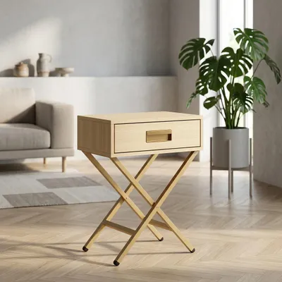 Produktbild von Nachttisch 48x30x60cm Eiche-Optik mit Gold-Metallbeinen im X-Design, Beistelltisch mit Schublade & eingelassenem Griff, für Schlafzimmer & Wohnzimmer