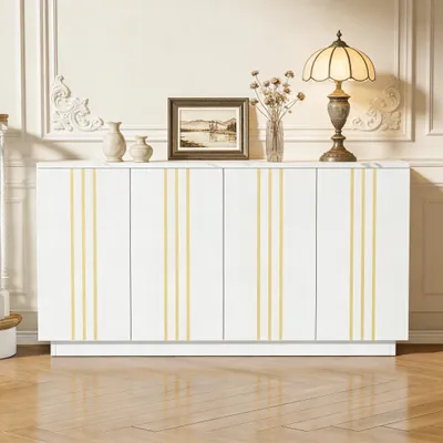 Zdjęcie produktu dla Komoda do salonu z 4 drzwiami, o wymiarach 140x70x35 cm, w kolorze białym i złotym, wykonana z płyty wiórowej, z regulowanymi przegródkami, idealna do salonu i sypialni