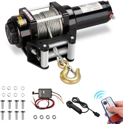 Produktbild von STANEW Elektrische Seilwinden, 12V, mit einer Zugkraft von bis zu 4500 lbs (2041 kg), Offroad-Motorwinden, 10 Meter Stahlseil, kabellose Seilwinden mit synthetischem Seil und Fernbedienung