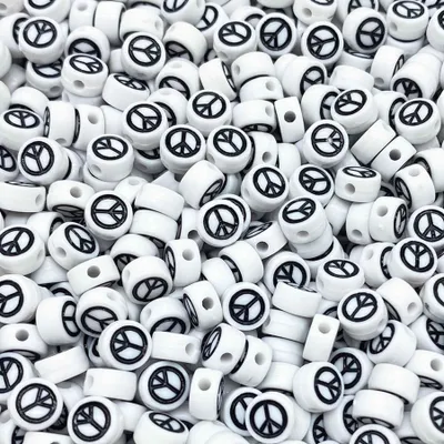 Obrázok produktu pre Remeselné korálky guľaté 100 ks, 7 x 4 mm guľaté, biele korálky s čiernym symbolom mieru