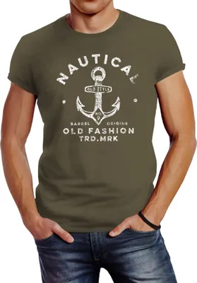 Produktbild von Neverless® Herren T-Shirt Anker Motiv Schriftzug Nautical Old Fashion Retro Design Fashion Streetstyle army S