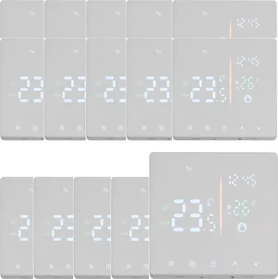 A collage of digital thermostats, some showing temperature readings and others blank.