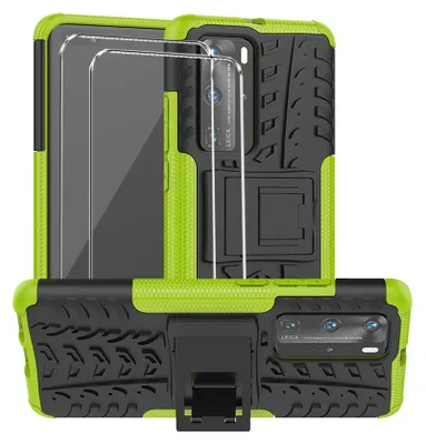Obrázek produktu pro sada ochranných krytů 2v1 pro Huawei P40 se skládá z 2x ochranného skla 9H a 1x silikonového pouzdra - kryt v zelené barvě