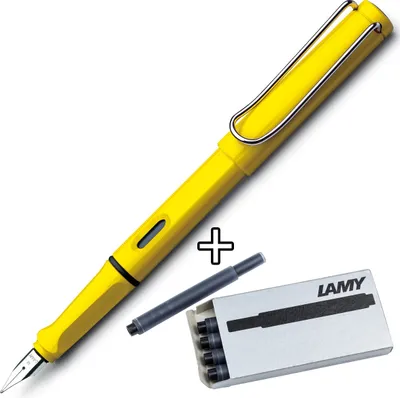 A yellow LAMY safari fountain pen with a silver clip, shown with a box of ink cartridges and a single ink cartridge.