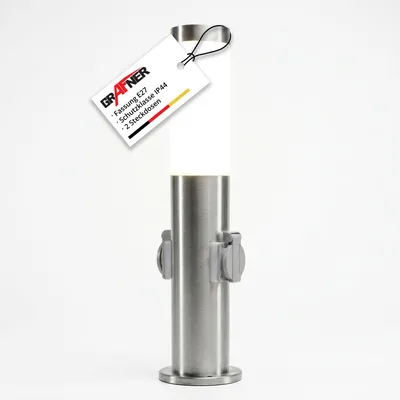 Produktbild von Grafner Edelstahl Wegeleuchte mit 2 Steckdosen, Höhe: 45 cm, KEIN ROST - Klarlackbeschichtung, E27, Wegleuchte Weglampe Gartenlampe Gartenleuchte Standlampe Außenstandleuchte Pollerleuchte