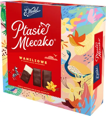A product box for E. Wedel Ptasie Mleczko vanilla-flavored marshmallows in dark chocolate, featuring colorful illustrations of birds, flowers, and a peacock.