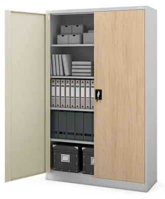 Immagine prodotto di Armadio da ufficio, armadio portadocumenti XXL, armadio in metallo con ante a battente, lamiera d'acciaio verniciata a polvere, 185 cm x 115 cm x 40 cm, grigio / rovere Sonoma