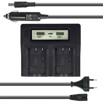 Produktbild von Dual Akku-Ladegerät kompatibel mit Kodak K5001 - mit USB-Anschluss, LCD-Display und Kfz-Ladekabel - Schnellladegerät